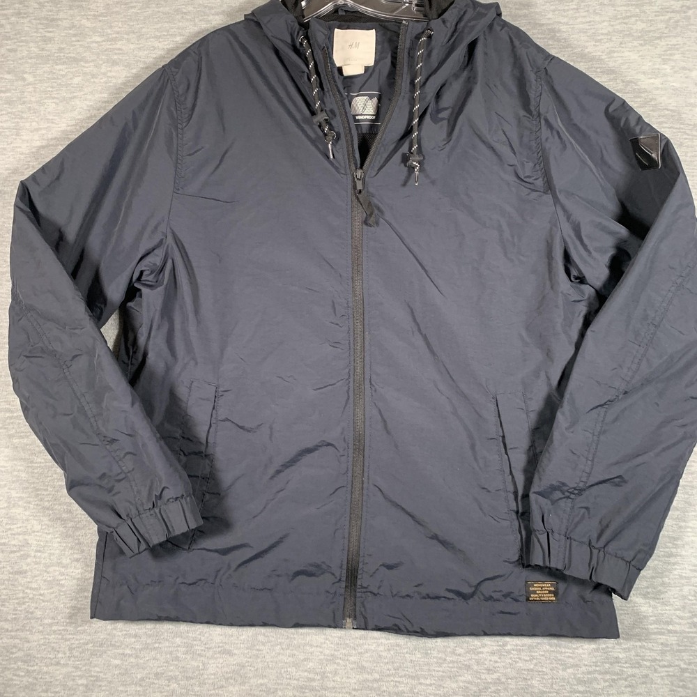 H&M L.O.G.G. Jacket Mens Large Blue Hooded Windbreaker Water Repellent Windproof - Picture 3 of 12